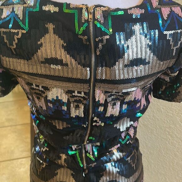 Club L Size 10 Two Piece Sequin Dress Outfit Green Aztec Tribal Club Glam NWT - Picture 4 of 16